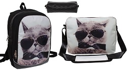 plecak szkolny z torbą i piórnikiem z kotem w okularach